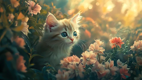 Porcelain Feline in Golden Hour Garden: Softly Rendered Kitten Amidst Blooming Florals