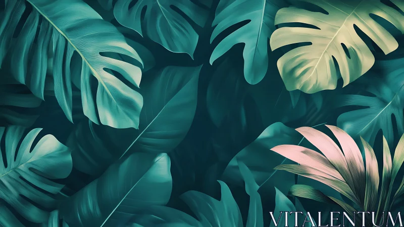Dreamy tropical leaves in soothing teal and soft blush tones.