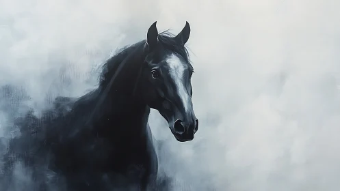 Gentle black horse emerging softly from dreamy pale mist.