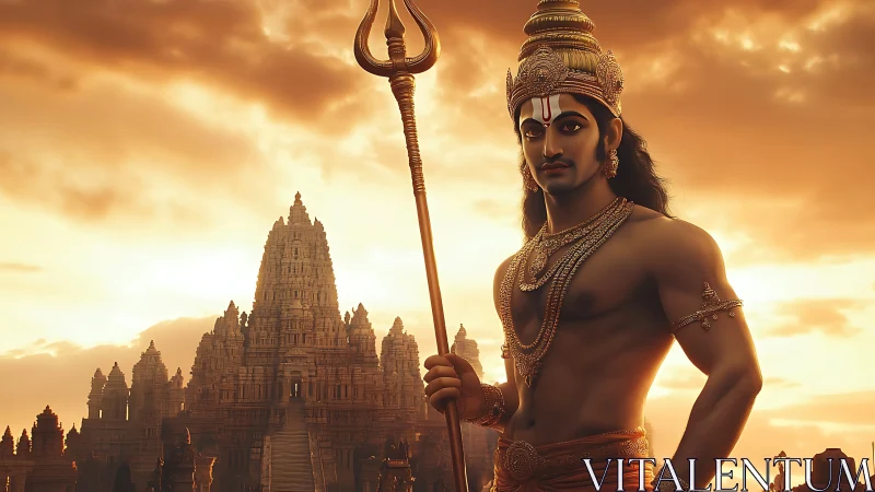 Divine warrior stands before towering Hindu temple at dusk