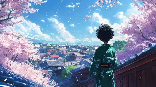 Spring kimono figure overlooking traditional Japanese town panorama