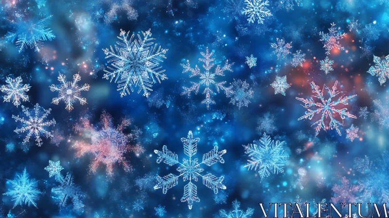 Glittering crystalline snowflakes over luminous night sky.