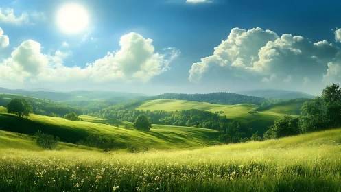 Sunlit emerald hills breathe under drifting summer clouds.