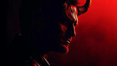 Horned demon profile emerges in dramatic red shadowed light.