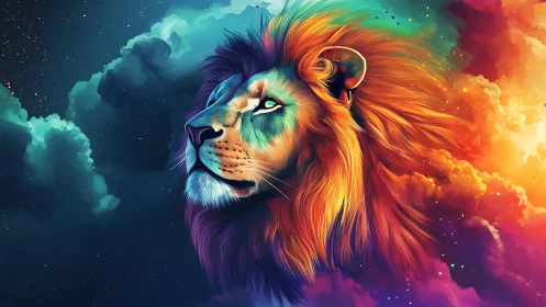 Starlit nebula lion blazing with prismatic cosmic fire.
