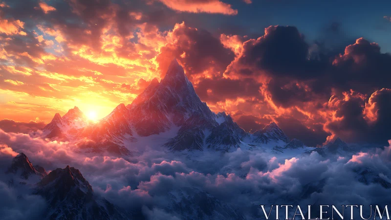 Fiery sunset sky over sharp snow covered mountain range.