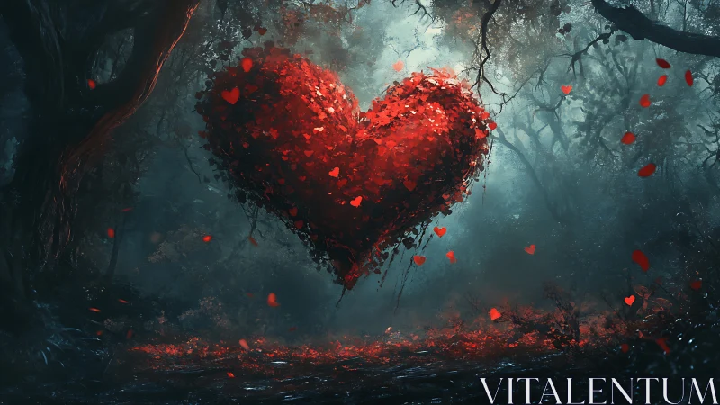 Luminous Heart Suspended in Mystical Forest Darkness.