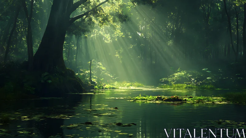 Digital painting of sunlit forest pond with atmospheric depth.