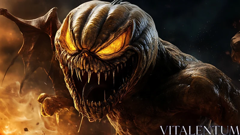 Savage demonic creature roaring in fiery battle scene.