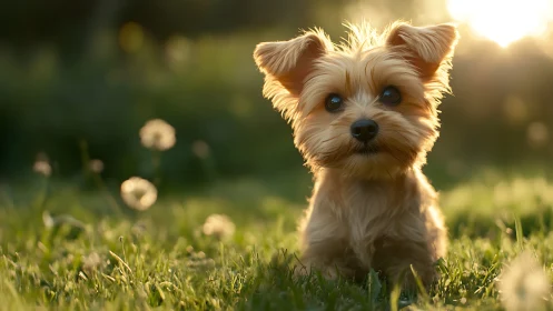 Backlit puppy portrait in shallow-depth golden-hour field.