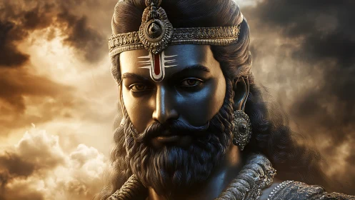 Regal divine figure bathed in warm, glowing sunset light.