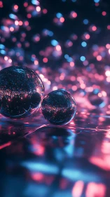 Glowing glass spheres rest on reflective neon surface