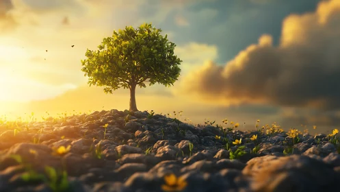 Solitary green tree crowns rocky field at golden sunrise.