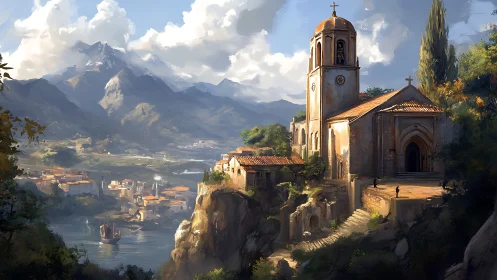 Clifftop church above river port in mountainous landscape.