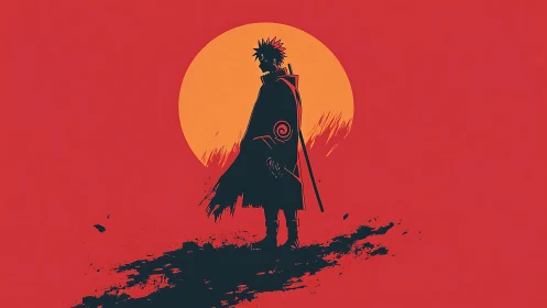 Minimalist anime silhouette before stylized sunset disc.