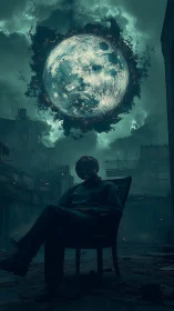 Lunar singularity above seated void-headed observer in ruins.