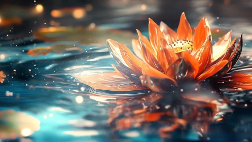 Crowned orange lotus in luminous teal bokeh water. Period.