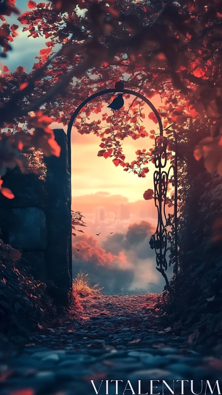 Sunlit garden gate opens toward a misty, dreamlike city