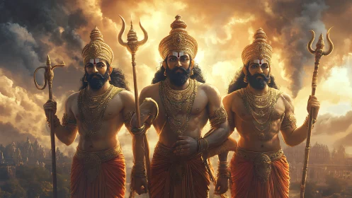 Sunlit warrior trinity strides forward through storm-lit heavens