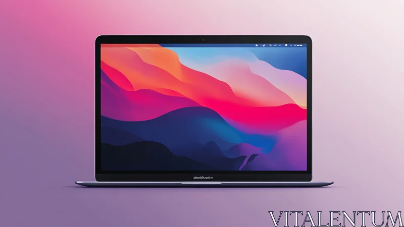 Sleek laptop cradling neon waves on a pastel horizon.