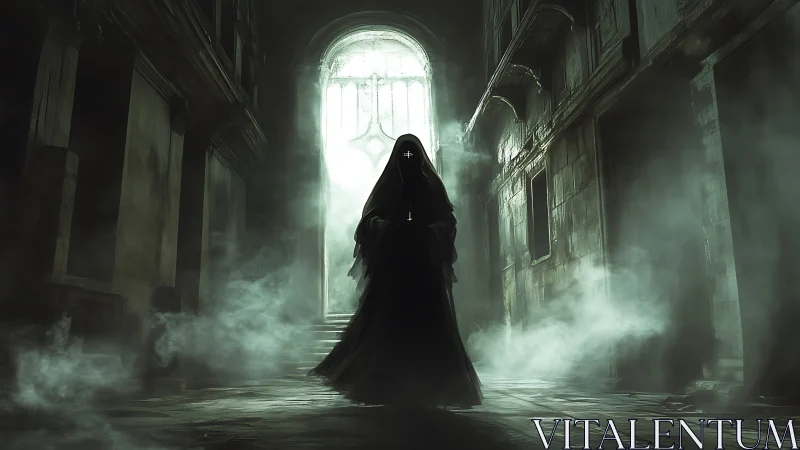 Veiled specter drifting through a ruin of greenish fog.