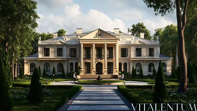 Neoclassical mansion with landscaped garden frontage.