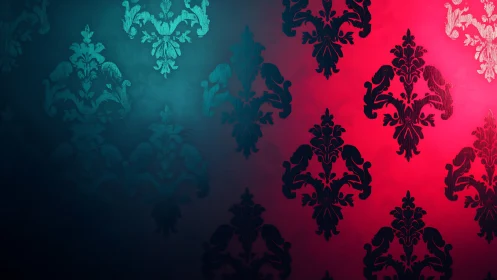 Dual tone damask wallpaper with teal and red lighting.