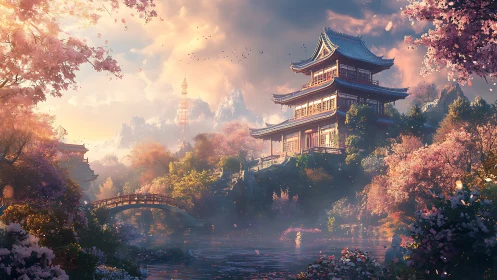 Sunlit multi-tier pagoda amid spring blossom valley and river