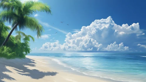 Tropical Paradise Beach with Palm Trees and Fluffy Clouds.