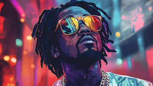 Neon city dreamer in mirrored shades and liquid light glow.