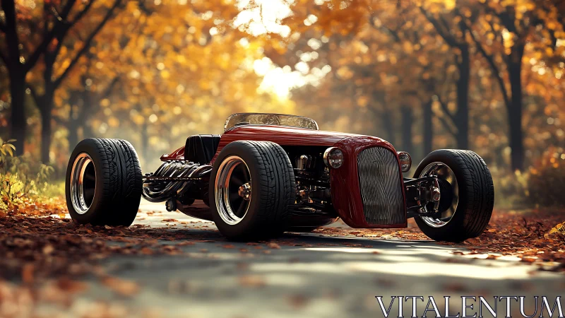Custom hot rod glowing with autumn warmth on a forest road.