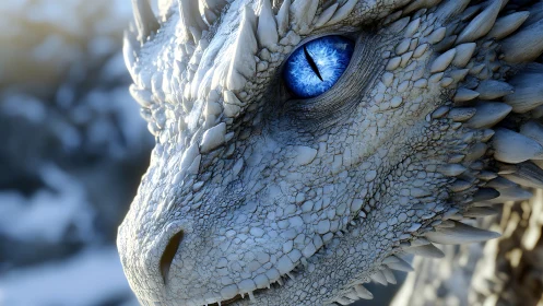 Close-up render of white scaled dragon head with blue eye.