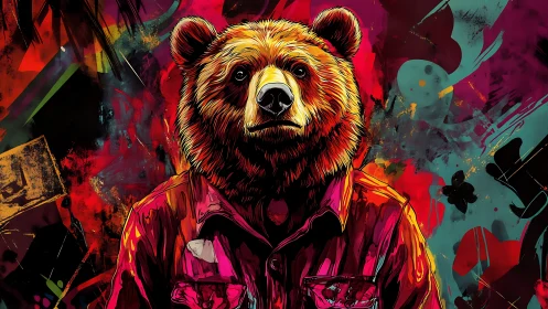 Pop art portrait of shirted bear against neon abstract field.