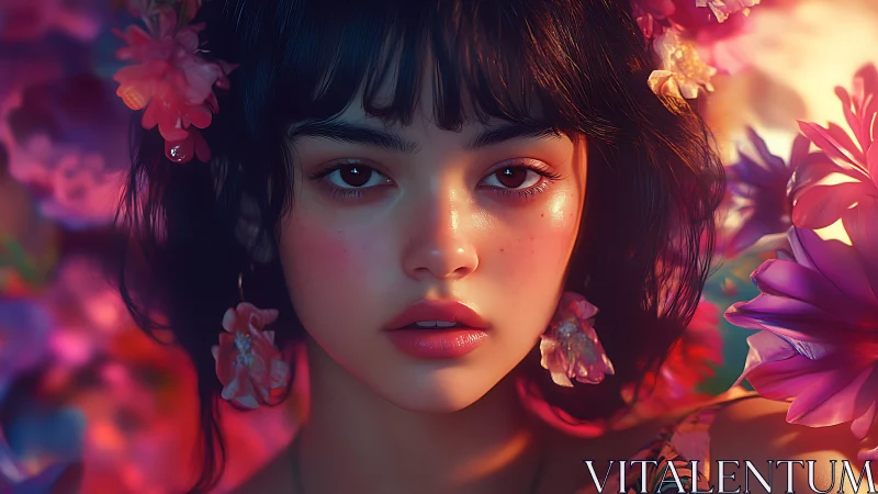 Hyperreal floral portrait uniting soft skin tones and neon bloom