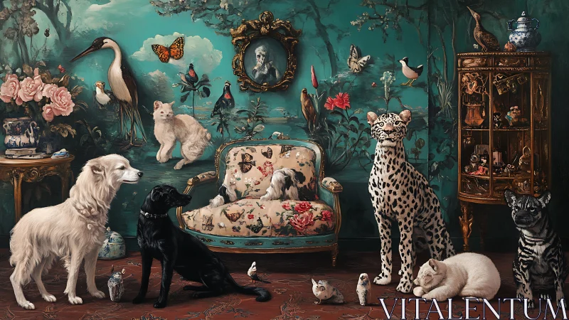 Whimsical menagerie in teal salon with floral armchair.
