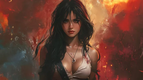 Fierce warrior woman amid blazing abstract inferno portrait.