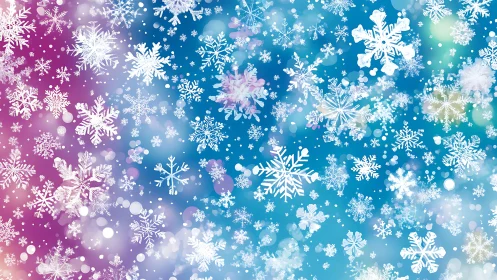 Snowflake patterns sparkle on colorful winter gradient background.