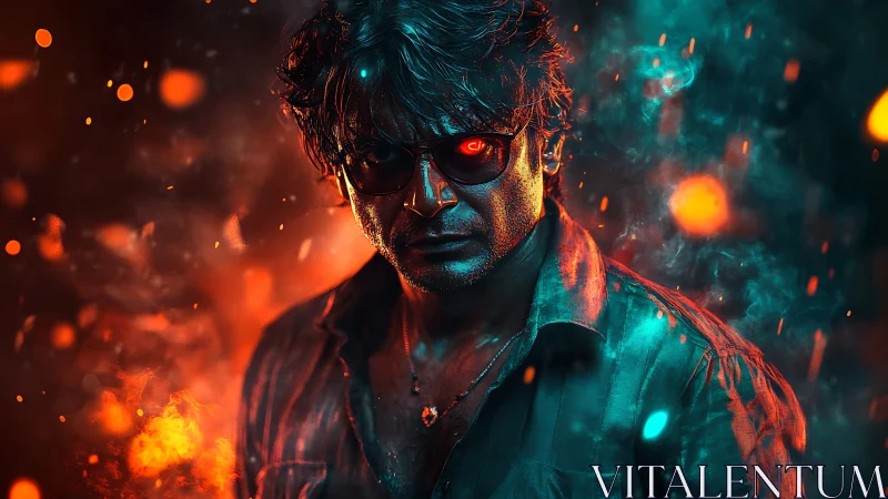 Cinematic neon-lit antihero portrait in dual-color flame field.