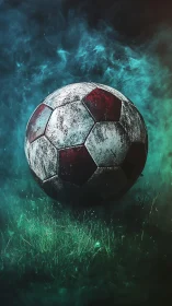 Weathered football glows against teal smoke on damp turf