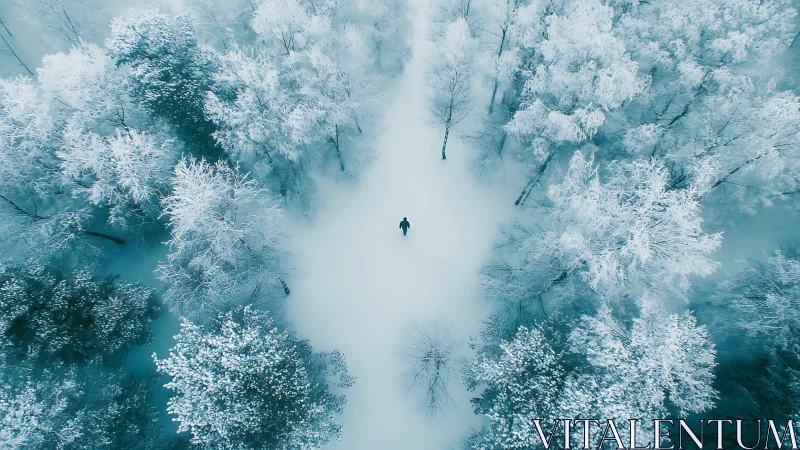 Solitary figure crossing frosted winter forest corridor.