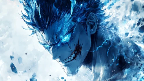 Blue flame rogue with a wicked grin and stormlit eyes.