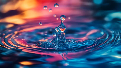 Water droplet rises through neon-lit ripples in serene motion