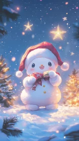 Snowman in Santa hat holds gift in glowing snowy forest