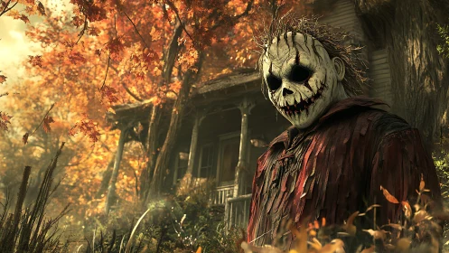 Masked scarecrow killer before decaying autumn farmhouse.