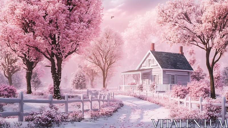 Idyllic cottage amid pastel cherry trees in soft atmospheric haze