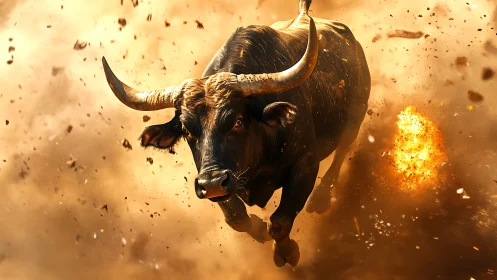 Powerful bull charges forward through firelit flying debris