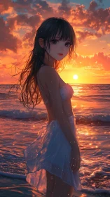 Backlit anime girl in translucent dress at sunset shoreline