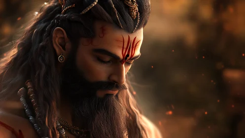 Serene warrior sage in golden dusk with sacred markings.