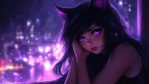 Melancholic cat-eared girl gazes over neon city lights