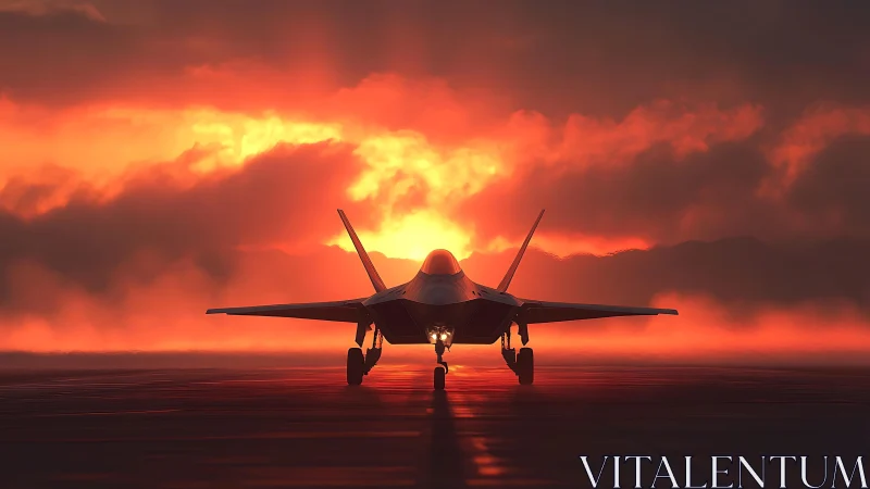 Stealth jet taxiing toward horizon under volumetric sunset glow